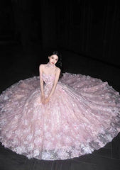 Classy A-Line Pink Prom Dress Tulle Strapless Appliques Birthday Dress Sleeveless Long Evening Dress DP05099