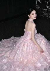 Classy A-Line Pink Prom Dress Tulle Strapless Appliques Birthday Dress Sleeveless Long Evening Dress DP05099
