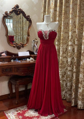 Classy Sheath Red Prom Dress Chiffon Strapless Birthday Dress Sleeveless Long Evening Dress dp05100