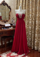 Classy Sheath Red Prom Dress Chiffon Strapless Birthday Dress Sleeveless Long Evening Dress dp05100