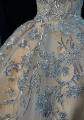 Simple Champagne Prom Dress A-Line Tulle Appliques Evening Dress DP05206