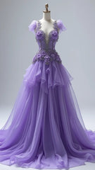 Chic Purple Prom Dress Sweetheart Beaded Tulle A-Line Evening Dress DP05110