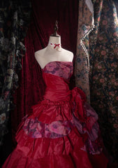 Chic Burgundy Prom Dress Satin A-Line Evening Dress Strapless Sweet 16 Dress DP05112
