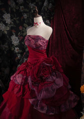 Chic Burgundy Prom Dress Satin A-Line Evening Dress Strapless Sweet 16 Dress DP05112