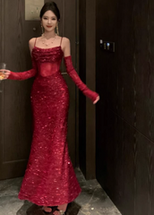 Chic Burgundy Prom Dress Sequins Sheath Spaghetti Straps Evening Dress Sleeveless Birthday Dress DP05222