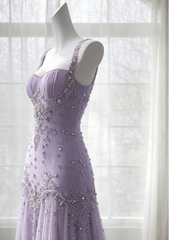 Classy Purple Prom Dress Beaded Tulle Straps Sheath Evening Dress Sleeveless Birthday Dress DP05231