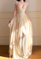 Elegant Sweetheart Sheath Chiffon Long Prom Dresses, Light Champagne Formal Evening Dresses DP3160