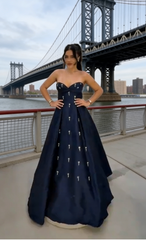 Elegant Sweetheart A-Line Navy Blue Long Prom Dresses Sleeveless Satin Navy Blue Evening Dresses DP3853