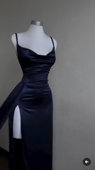 Navy Blue Sheath Satin Long Prom Dress Evening Dresses for Weddings