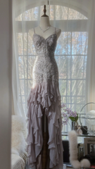 Light Lilac Straps Mermaid Beading Ruffles Long Evening Dress Birthday Outfits, HZ0319