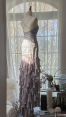 Light Lilac Straps Mermaid Beading Ruffles Long Evening Dress Birthday Outfits, HZ0319