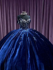 Navy Blue Off Shoulder A-Line Velvet Quinceanera Dress Birthday Ball Gown, HZ0319