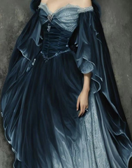 Dark Navy Off Shoulder A-Line Retro Long Party Dress Birthday Outfits, HZ0319