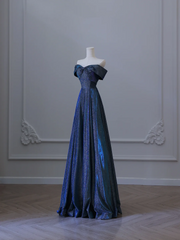 Elegant Navy Blue Off Shoulder A-Line Long Formal Prom Dress Birthday Outfits, HZ0319