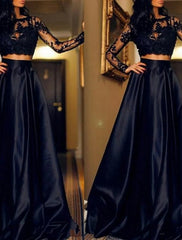 Two Piece Prom Dresses Black Dress Prom Formal Evening Sweep / Brush Train Long Sleeve Jewel Neck Wednesday Addams Family Satin with Pure Color