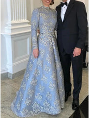 A-Line Mother of the Bride Dress Wedding Guest Elegant Party Luxurious High Neck Floor Length Lace Tulle Sequined Long Sleeve with Lace Sequin