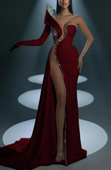 Dramatic One-Shoulder Mermaid Evening Dress Long with High Slit