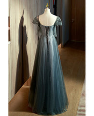 Unique Ink Blue Spotted Off Shoulder Short Sleeve Sequin Ball Dress Ink Blue A-line Off Back Tie Bow and Floor Length Prom Dress
