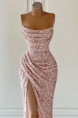 Dusty Pink Sequined Mermaid Prom Gown with Dramatic Slit Sleeveless