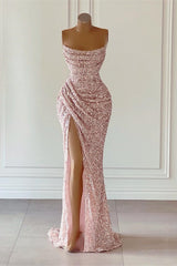 Dusty Pink Sequined Mermaid Prom Gown with Dramatic Slit Sleeveless