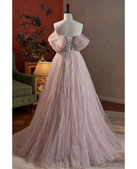 Noble and charming dark pink beaded sequins off the shoulder short sleeved ball dress, dark pink A-shaped princess backless strap and ground length evening dress