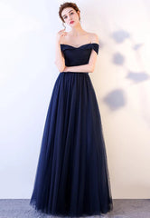 Blue Tulle Long Prom Dresses, A-Line Evening Dresses