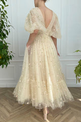 Champagne V-Neck Lace Short Prom Dress, Cute Puff Sleeves Party Dress with Pockets