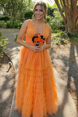 Multi-Tiered Lavender Plunge Neck A-Line Long Prom Dress