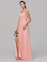 A-Line Spaghetti Strap Floor Length Chiffon Bridesmaid Dress with Criss Cross / Split Front