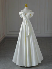 White A-Line Off Shoulder Satin Long Prom Dress, White Formal Dress
