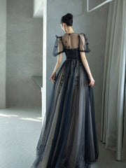 A-Line Tulle Butterfly Lace Black Long Prom Dress, Black Long Evening Dress