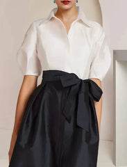 A-Line Mother of the Bride Dress Formal Wedding Guest Party Elegant Shirt Collar Floor Length Taffeta Short Sleeve with Bow(s)