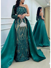 Mermaid / Trumpet Evening Gown Elegant Dress Formal Wedding Court Train Long Sleeve One Shoulder Detachable Satin with Sequin