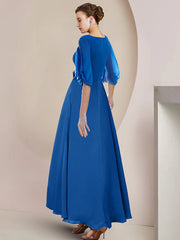 A-Line Mother of the Bride Dress Wedding Guest Party Elegant V Neck Asymmetrical Chiffon Half Sleeve with Crystal Brooch
