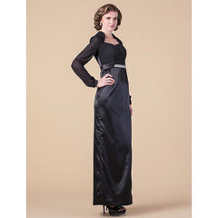 Sheath / Column Mother of the Bride Dress Queen Anne Floor Length Chiffon Stretch Satin Long Sleeve with Sash / Ribbon Beading Side