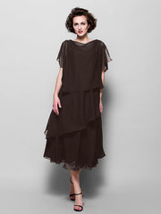 A-Line Mother of the Bride Dress Plus Size Elegant Cowl Neck Tea Length Chiffon Short Sleeve with Ruffles Crystal