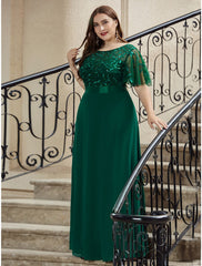 A-Line Prom Dresses Evening Party Floor Length Short Sleeve  Chiffon V Back with Sequin