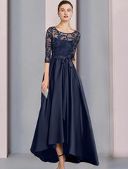 Aimishang A-Line Mother of the Bride Dress Wedding Guest Elegant High Low Scoop Neck Asymmetrical Floor Length Satin Lace Half Sleeve with Bow(s) Pleats Appliques