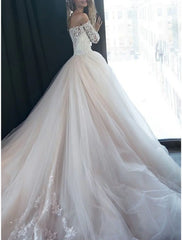 Wholesale Wedding Dresses in Color Formal Wedding Dresses Ball Gown Off Shoulder Long Sleeve Court Train Satin Bridal Gowns With Appliques