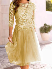 A-Line Mother of the Bride Dress Wedding Guest Elegant See Through Jewel Neck Knee Length Chiffon Lace Tulle 3/4 Length Sleeve with Pleats Appliques