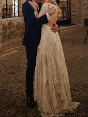 Wholesale Beach Open Back Boho Wedding Dresses Sheath / Column High Neck Long Sleeve Court Train Lace Bridal Gowns With Appliques Solid Color