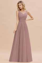Modest Floral Lace A-line Bridesmaid Dress V-Neck Ruched Chiffon Wedding Guest Dress