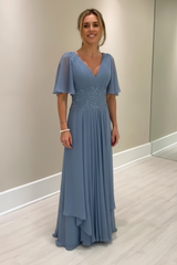 Elegant Half Sleeves V-neck Aline Wedding Guest Dress Chiffon Mother of the Bride Dress