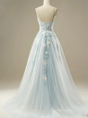 Dusty Blue Floral Lace Prom Dresses 2025 Spaghetti Strap V-Neck Formal Dresses - FD1779