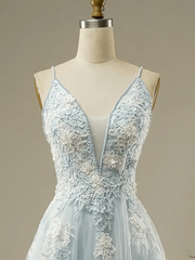Dusty Blue Floral Lace Prom Dresses 2025 Spaghetti Strap V-Neck Formal Dresses - FD1779