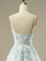 Dusty Blue Floral Lace Prom Dresses 2025 Spaghetti Strap V-Neck Formal Dresses - FD1779