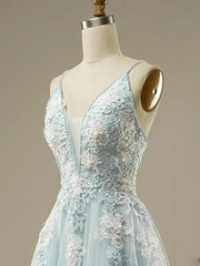Dusty Blue Floral Lace Prom Dresses 2025 Spaghetti Strap V-Neck Formal Dresses - FD1779