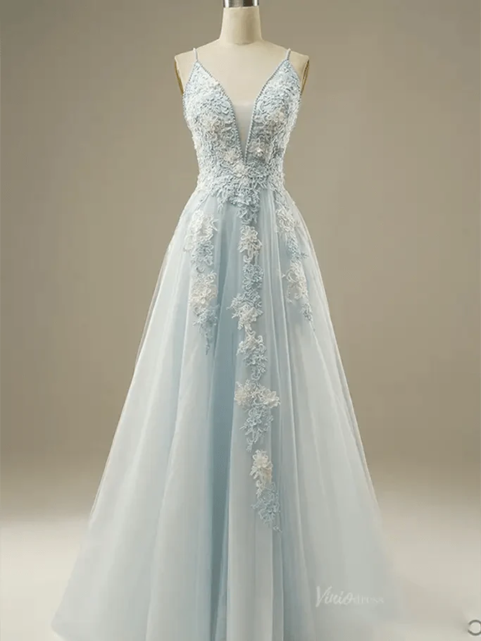 Dusty Blue Floral Lace Prom Dresses 2025 Spaghetti Strap V-Neck Formal Dresses - FD1779