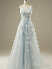 Dusty Blue Floral Lace Prom Dresses 2025 Spaghetti Strap V-Neck Formal Dresses - FD1779