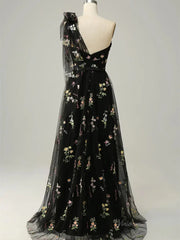 Dusty Blue Floral Lace Prom Dresses One Shoulder Formal Dress FD4080B